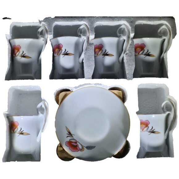 Porcelain Demitasse, Espresso Cups & Saucers, Pink Floral with Gold Trim, Footed - Picture 5 of 5